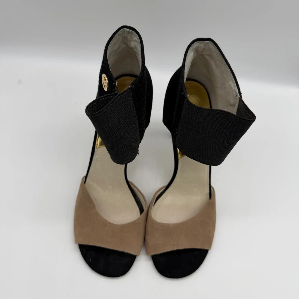 Michael Kors Sivian Black Tan Suede Ankle Strap d'Orsay Bootie Heels Womens 9.5M